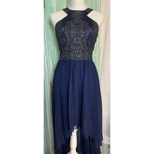 Xtrordinary Navy Blue Hi-Lo Dress, Beaded/Glitter, Halter, Open Back, Size 7